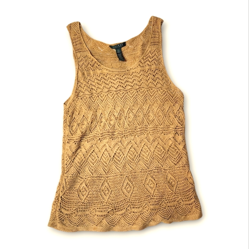 Lauren by Ralph Lauren Vintage Tan Crochet Knit Tank Top Size XL